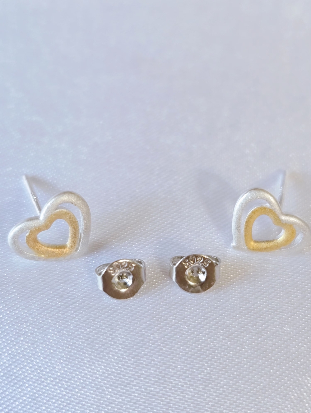 925 Silver Earrings- Two-Tone Heart Stud Earrings Jewelry -NEW